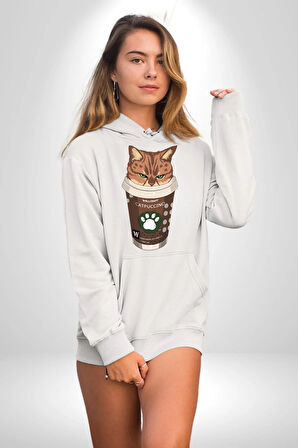 Catpuccino Kedi Karikatür Eğlenceli Tasarım Erkek Kadın Beyaz Dijital Baskılı Kapüşonlu Sweatshirt Hoodie