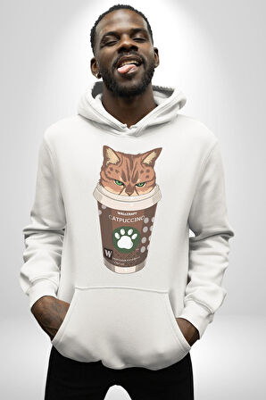 Catpuccino Kedi Karikatür Eğlenceli Tasarım Erkek Kadın Beyaz Dijital Baskılı Kapüşonlu Sweatshirt Hoodie