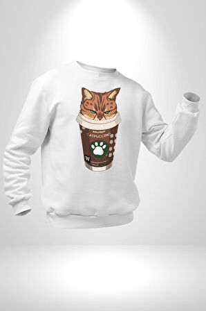 Catpuccino Kedi Karikatür Eğlenceli Tasarım Erkek Kadın Unisex Dijital Baskılı Beyaz Sweatshirt