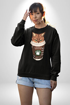 Catpuccino Kedi Karikatür Eğlenceli Tasarım Erkek Kadın Unisex Dijital Baskılı Siyah Sweatshirt