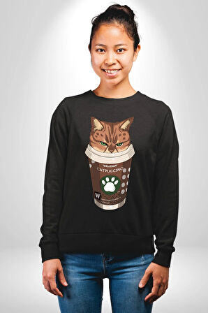 Catpuccino Kedi Karikatür Eğlenceli Tasarım Erkek Kadın Unisex Dijital Baskılı Siyah Sweatshirt