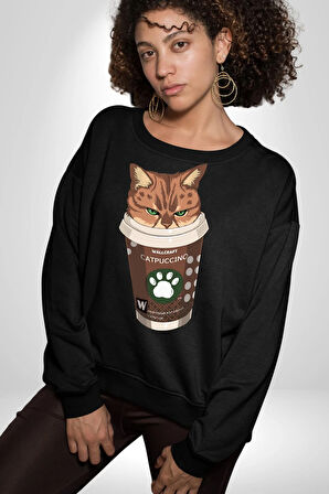 Catpuccino Kedi Karikatür Eğlenceli Tasarım Erkek Kadın Unisex Dijital Baskılı Siyah Sweatshirt