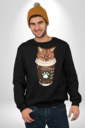 Catpuccino Kedi Karikatür Eğlenceli Tasarım Erkek Kadın Unisex Dijital Baskılı Siyah Sweatshirt