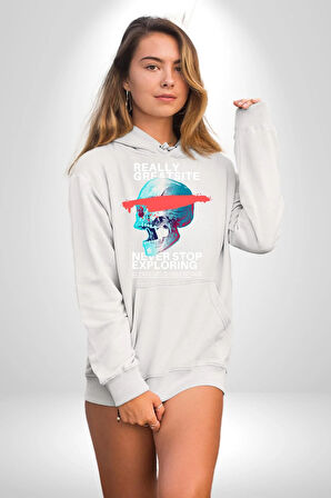 Gerçekten Harika Keşfetmeyi Bırakma Erkek Kadın Beyaz Dijital Baskılı Kapüşonlu Sweatshirt Hoodie