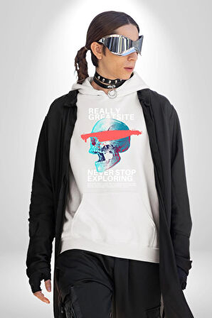 Gerçekten Harika Keşfetmeyi Bırakma Erkek Kadın Beyaz Dijital Baskılı Kapüşonlu Sweatshirt Hoodie