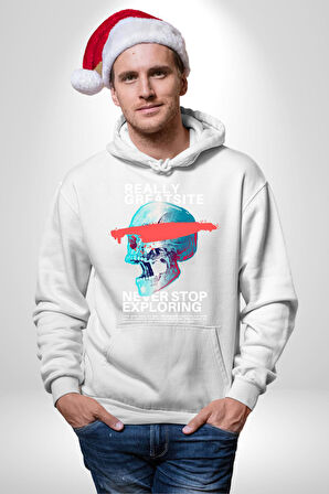 Gerçekten Harika Keşfetmeyi Bırakma Erkek Kadın Beyaz Dijital Baskılı Kapüşonlu Sweatshirt Hoodie