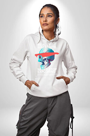 Gerçekten Harika Keşfetmeyi Bırakma Erkek Kadın Beyaz Dijital Baskılı Kapüşonlu Sweatshirt Hoodie