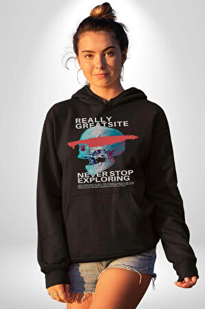 Gerçekten Harika Keşfetmeyi Bırakma Erkek Kadın Siyah Dijital Baskılı Kapüşonlu Sweatshirt Hoodie