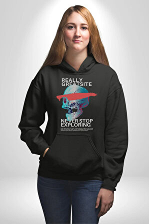 Gerçekten Harika Keşfetmeyi Bırakma Erkek Kadın Siyah Dijital Baskılı Kapüşonlu Sweatshirt Hoodie
