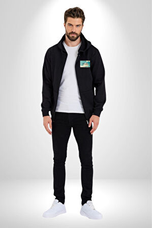 Pisikolojim Bulutlu Erkek Kadın Siyah Fermuarlı Baskılı Hırka Sweatshirt