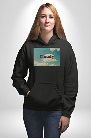 Pisikolojim Bulutlu Erkek Kadın Siyah Dijital Baskılı Kapüşonlu Sweatshirt Hoodie