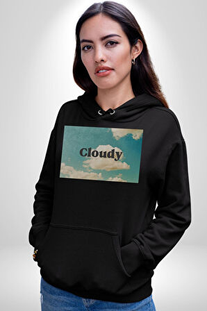 Pisikolojim Bulutlu Erkek Kadın Siyah Dijital Baskılı Kapüşonlu Sweatshirt Hoodie