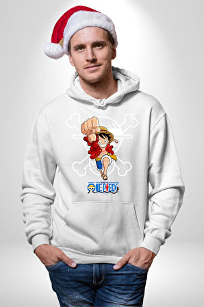 One Piece Luffy Korsan Anime Tasarımı Erkek Kadın Beyaz Dijital Baskılı Kapüşonlu Sweatshirt Hoodie