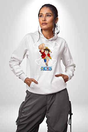 One Piece Luffy Korsan Anime Tasarımı Erkek Kadın Beyaz Dijital Baskılı Kapüşonlu Sweatshirt Hoodie