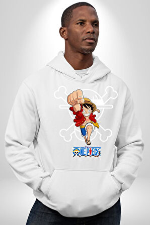 One Piece Luffy Korsan Anime Tasarımı Erkek Kadın Beyaz Dijital Baskılı Kapüşonlu Sweatshirt Hoodie