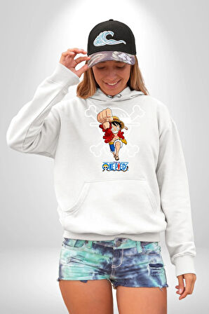 One Piece Luffy Korsan Anime Tasarımı Erkek Kadın Beyaz Dijital Baskılı Kapüşonlu Sweatshirt Hoodie
