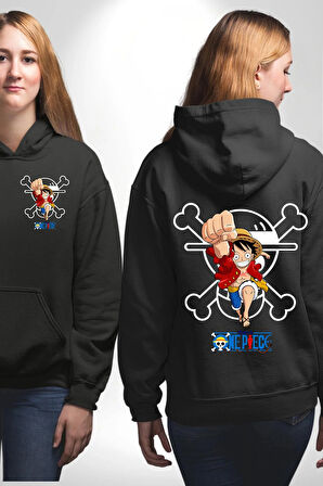 One Piece Luffy Korsan Anime Tasarımı Erkek Kadın Siyah Ön Sırt Baskılı Kapüşonlu Sweatshirt Hoodie