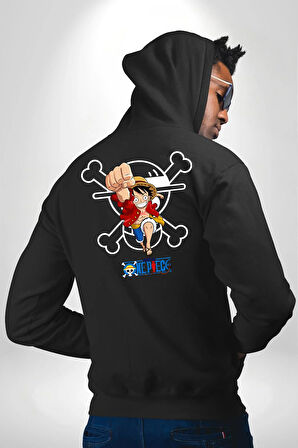 One Piece Luffy Korsan Anime Tasarımı Erkek Kadın Siyah Ön Sırt Baskılı Kapüşonlu Sweatshirt Hoodie