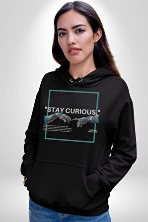 Meraklı Kal Sokak Style Erkek Kadın Siyah Dijital Baskılı Kapüşonlu Sweatshirt Hoodie
