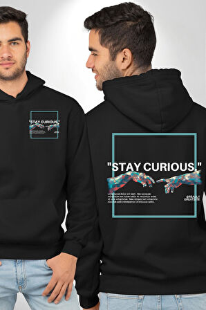 Meraklı Kal Sokak Style Erkek Kadın Siyah Ön Sırt Baskılı Kapüşonlu Sweatshirt Hoodie