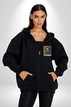 Frida 'ya Özgürlük Erkek Kadın Siyah Fermuarlı Baskılı Hırka Sweatshirt