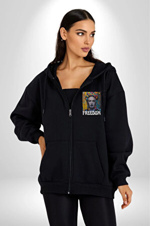 Frida 'ya Özgürlük Erkek Kadın Siyah Fermuarlı Baskılı Hırka Sweatshirt