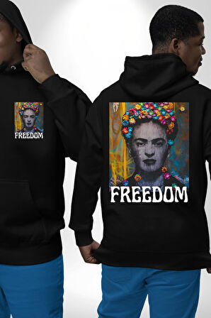 Frida 'ya Özgürlük Erkek Kadın Siyah Ön Sırt Baskılı Kapüşonlu Sweatshirt Hoodie