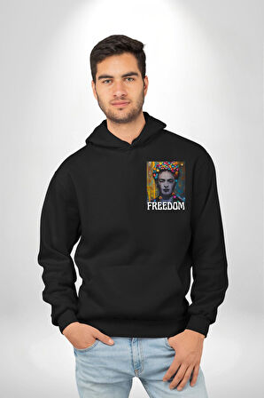 Frida 'ya Özgürlük Erkek Kadın Siyah Ön Sırt Baskılı Kapüşonlu Sweatshirt Hoodie