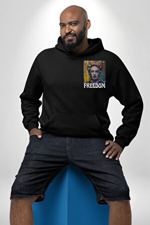 Frida 'ya Özgürlük Erkek Kadın Siyah Ön Sırt Baskılı Kapüşonlu Sweatshirt Hoodie