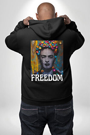 Frida 'ya Özgürlük Erkek Kadın Siyah Ön Sırt Baskılı Kapüşonlu Sweatshirt Hoodie
