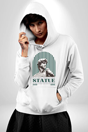 Statü Davut Heykeli Erkek Kadın Beyaz Dijital Baskılı Kapüşonlu Sweatshirt Hoodie
