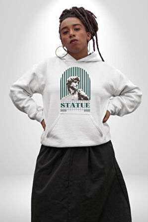 Statü Davut Heykeli Erkek Kadın Beyaz Dijital Baskılı Kapüşonlu Sweatshirt Hoodie