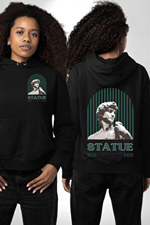 Statü Davut Heykeli Erkek Kadın Siyah Ön Sırt Baskılı Kapüşonlu Sweatshirt Hoodie