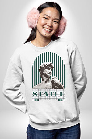 Statü Davut Heykeli Erkek Kadın Unisex Dijital Baskılı Beyaz Sweatshirt