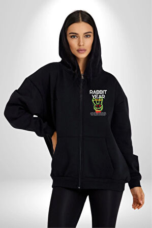 Tavşan Sokak Stili Giyim Erkek Kadın Siyah Fermuarlı Baskılı Hırka Sweatshirt