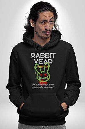 Tavşan Sokak Stili Giyim Erkek Kadın Siyah Dijital Baskılı Kapüşonlu Sweatshirt Hoodie