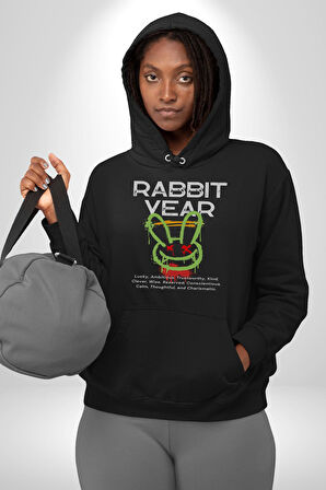Tavşan Sokak Stili Giyim Erkek Kadın Siyah Dijital Baskılı Kapüşonlu Sweatshirt Hoodie