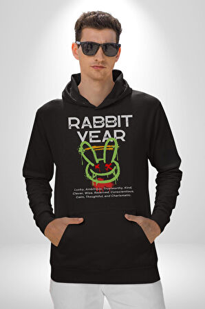 Tavşan Sokak Stili Giyim Erkek Kadın Siyah Dijital Baskılı Kapüşonlu Sweatshirt Hoodie