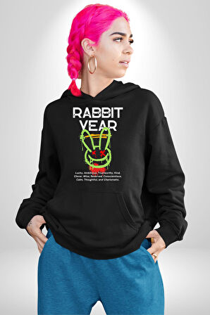 Tavşan Sokak Stili Giyim Erkek Kadın Siyah Dijital Baskılı Kapüşonlu Sweatshirt Hoodie