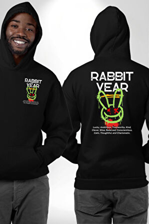 Tavşan Sokak Stili Giyim Erkek Kadın Siyah Ön Sırt Baskılı Kapüşonlu Sweatshirt Hoodie
