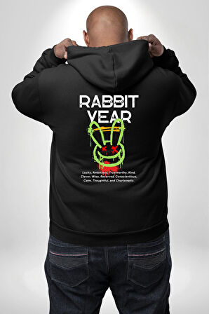 Tavşan Sokak Stili Giyim Erkek Kadın Siyah Ön Sırt Baskılı Kapüşonlu Sweatshirt Hoodie
