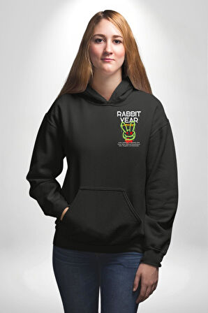 Tavşan Sokak Stili Giyim Erkek Kadın Siyah Ön Sırt Baskılı Kapüşonlu Sweatshirt Hoodie
