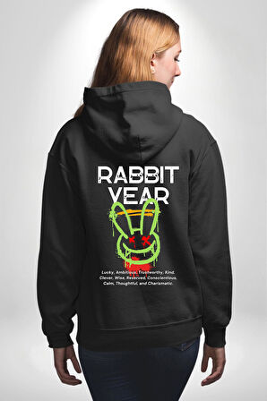 Tavşan Sokak Stili Giyim Erkek Kadın Siyah Ön Sırt Baskılı Kapüşonlu Sweatshirt Hoodie