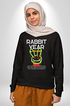 Tavşan Sokak Stili Giyim Erkek Kadın Unisex Dijital Baskılı Siyah Sweatshirt