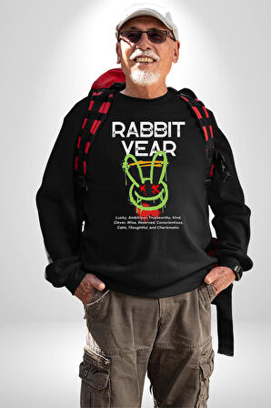 Tavşan Sokak Stili Giyim Erkek Kadın Unisex Dijital Baskılı Siyah Sweatshirt
