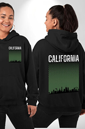 California Erkek Kadın Siyah Ön Sırt Baskılı Kapüşonlu Sweatshirt Hoodie