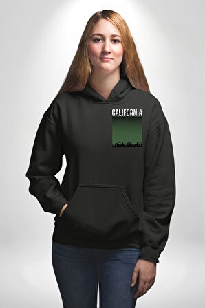 California Erkek Kadın Siyah Ön Sırt Baskılı Kapüşonlu Sweatshirt Hoodie