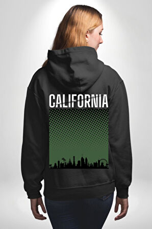 California Erkek Kadın Siyah Ön Sırt Baskılı Kapüşonlu Sweatshirt Hoodie