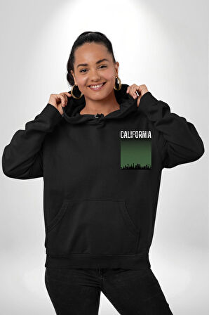 California Erkek Kadın Siyah Ön Sırt Baskılı Kapüşonlu Sweatshirt Hoodie