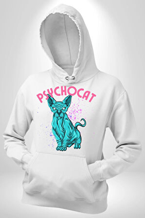 Mavi Uzaylı Sinirli Sfenks Kedisi Erkek Kadın Beyaz Dijital Baskılı Kapüşonlu Sweatshirt Hoodie